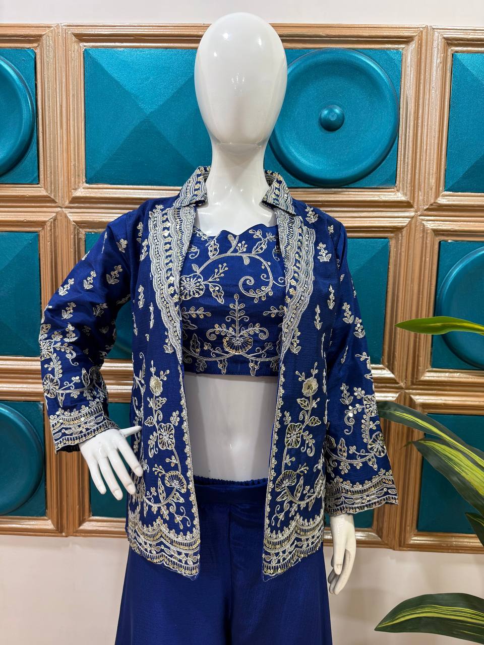 Exclusive Blue Color Chinon Front Side Full Embroidery Work Palazzo Suit