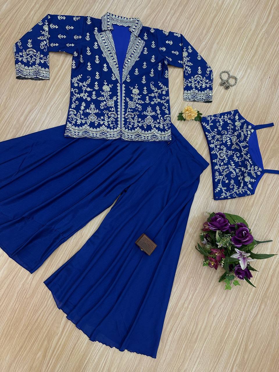 Exclusive Blue Color Chinon Front Side Full Embroidery Work Palazzo Suit