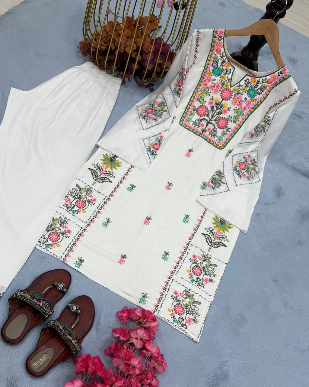 Presenting White Color Heavy Rayon Silk With Heavy Embroidery Work Palazzo Suit