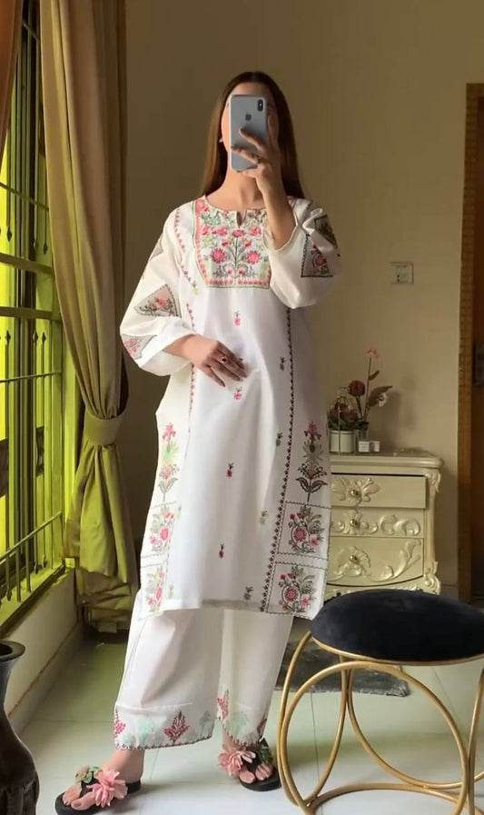 Presenting White Color Heavy Rayon Silk With Heavy Embroidery Work Palazzo Suit