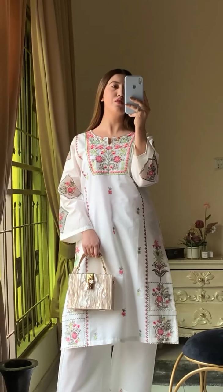Presenting White Color Heavy Rayon Silk With Heavy Embroidery Work Palazzo Suit