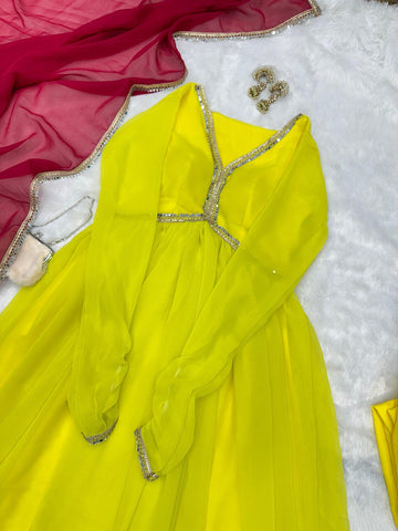Festive Wear Lemon Yellow Color Georgette Beautiful Anarkali Suit