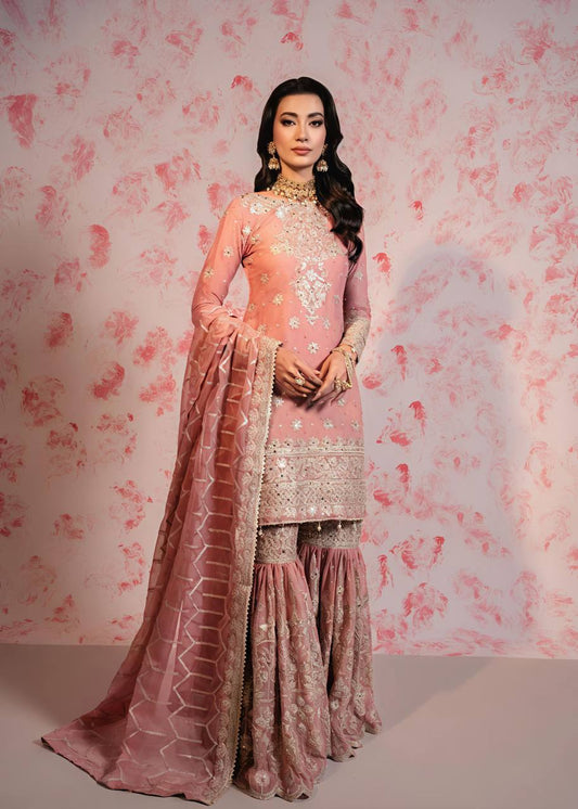 Luxuriant Peach Color Heavy Faux Georgette With Embroidery Sequence Work Sharara Suit