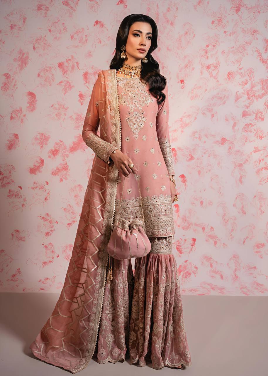 Luxuriant Peach Color Heavy Faux Georgette With Embroidery Sequence Work Sharara Suit