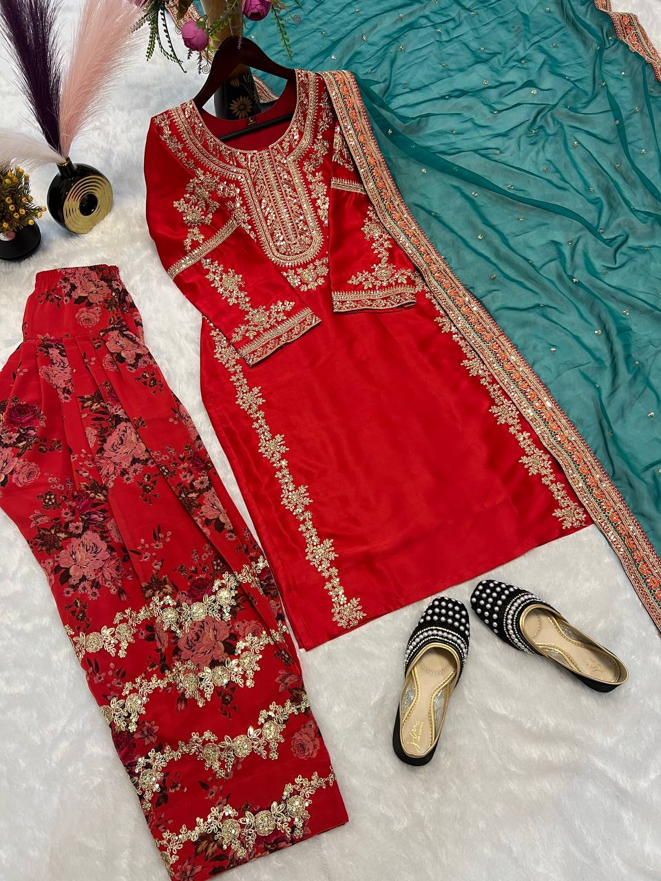 Party Wear Red Color Heavy Malay Silk With With Sequence Embroidery Work Salwar Suit