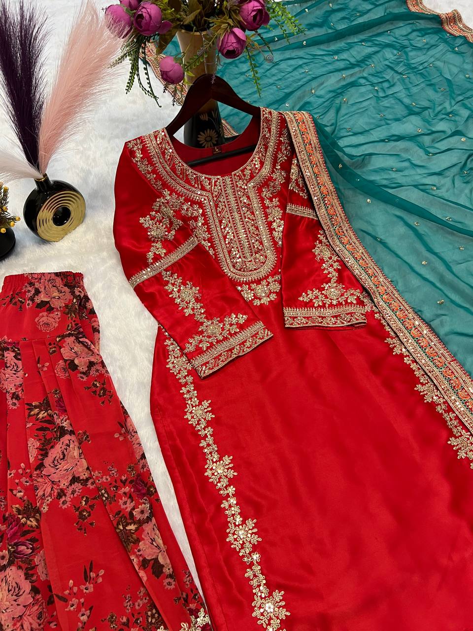 Party Wear Red Color Heavy Malay Silk With With Sequence Embroidery Work Salwar Suit