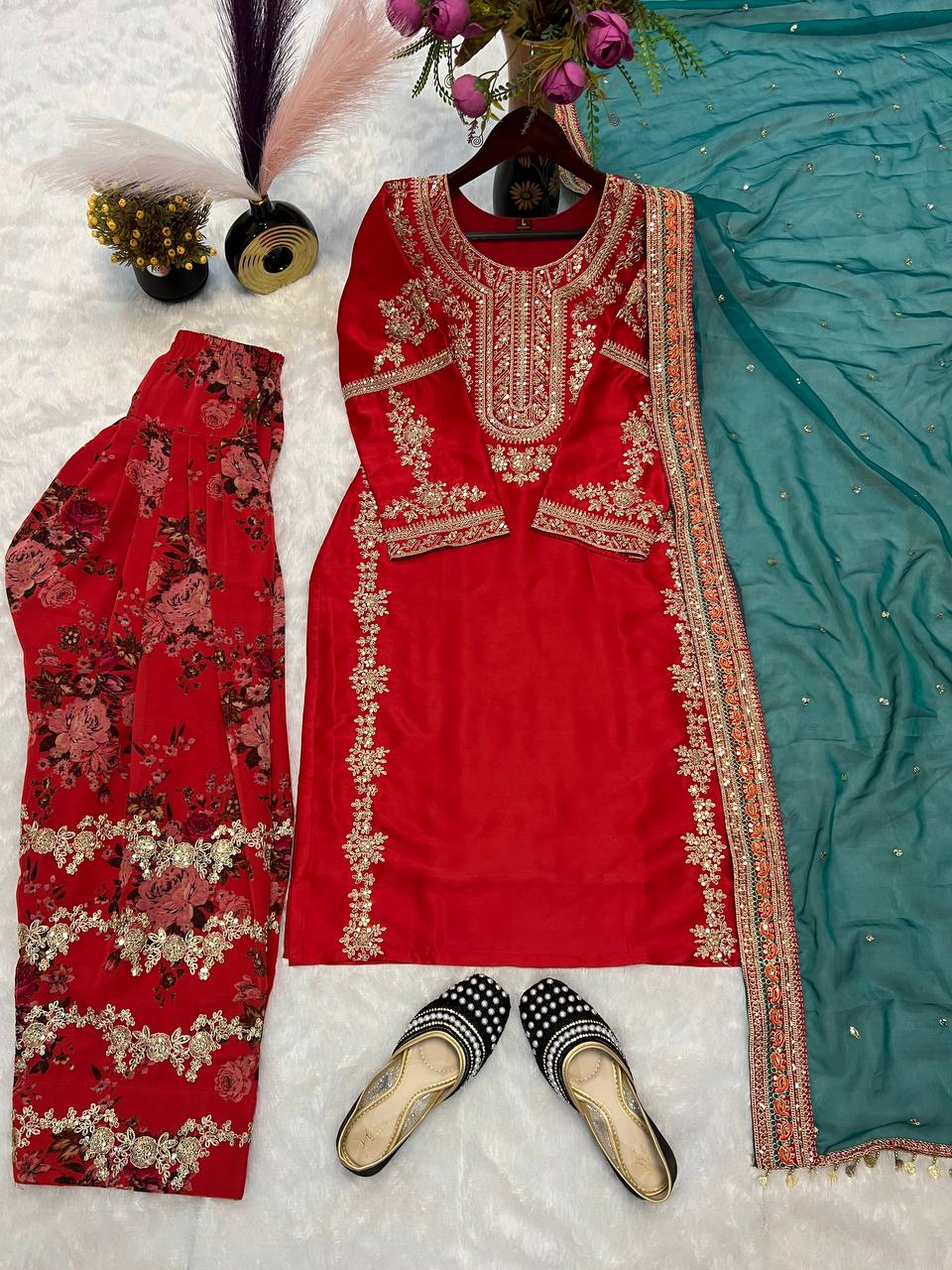 Party Wear Red Color Heavy Malay Silk With With Sequence Embroidery Work Salwar Suit