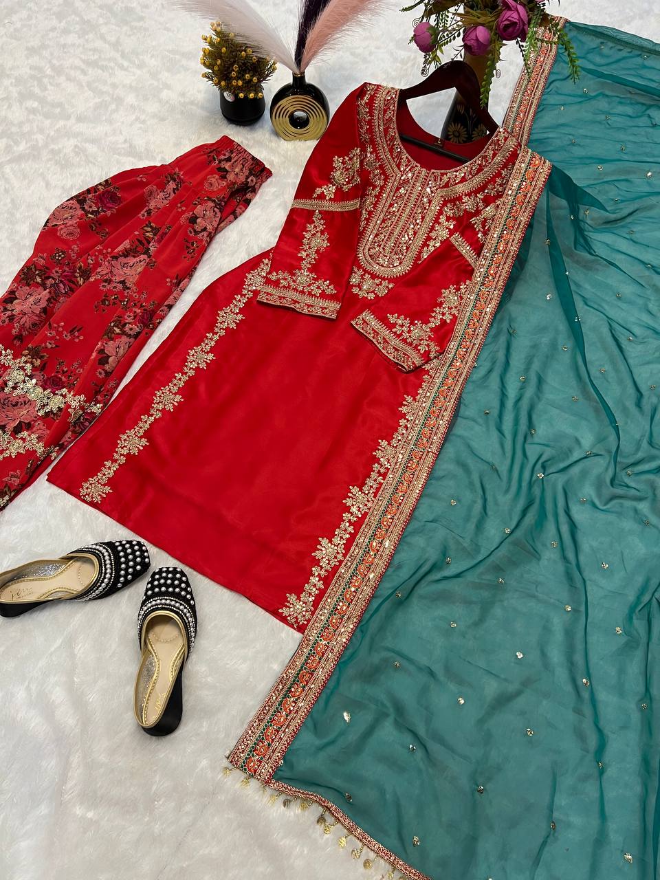 Party Wear Red Color Heavy Malay Silk With With Sequence Embroidery Work Salwar Suit