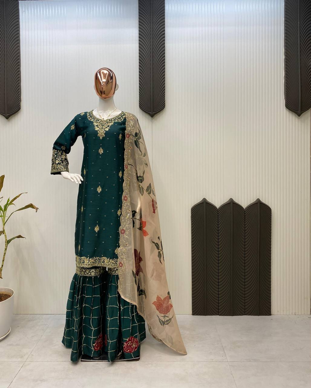 Reception Wear Green Color Chinon With Sequence Embroidery Work Sharara Suit