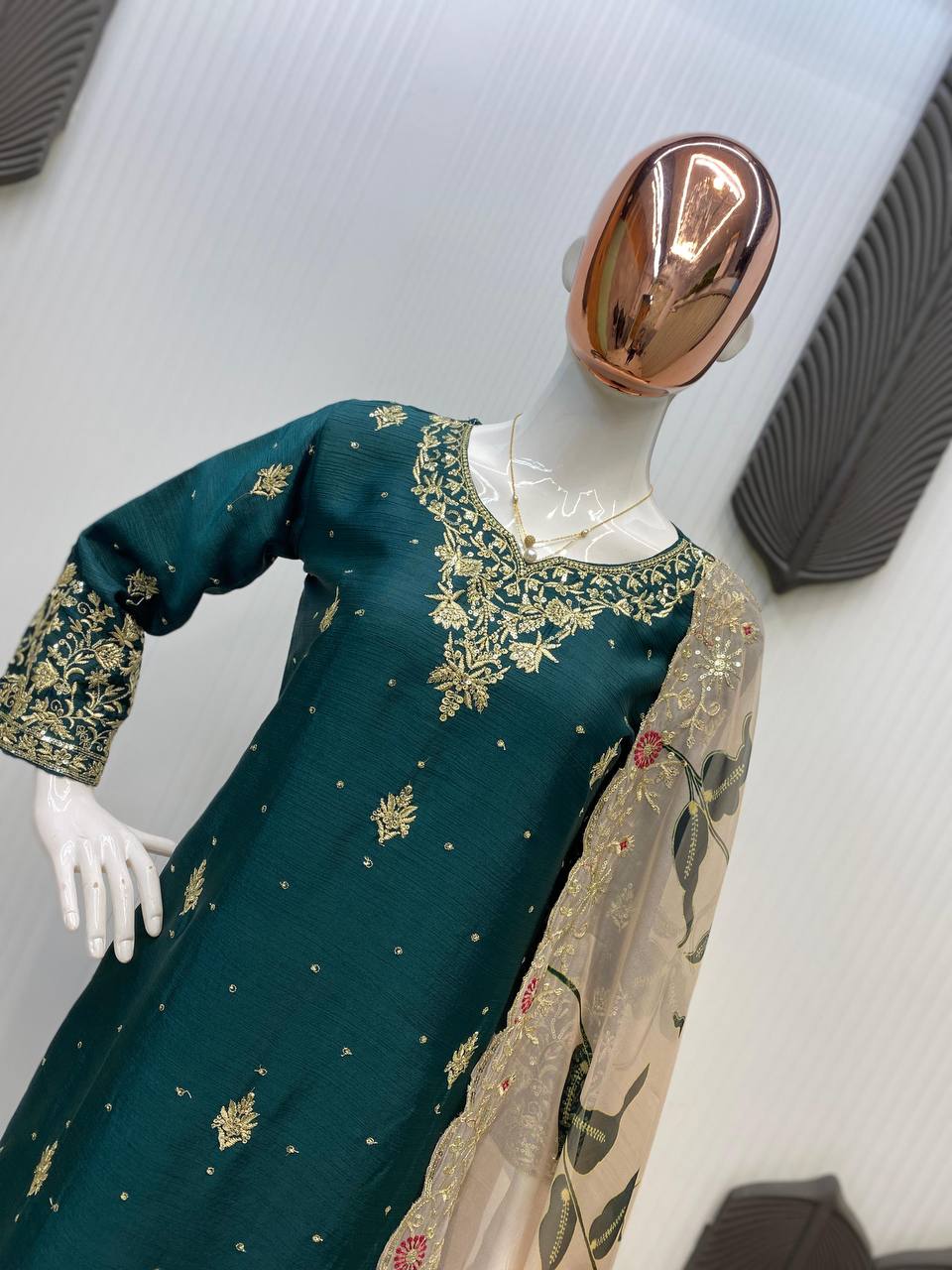 Reception Wear Green Color Chinon With Sequence Embroidery Work Sharara Suit