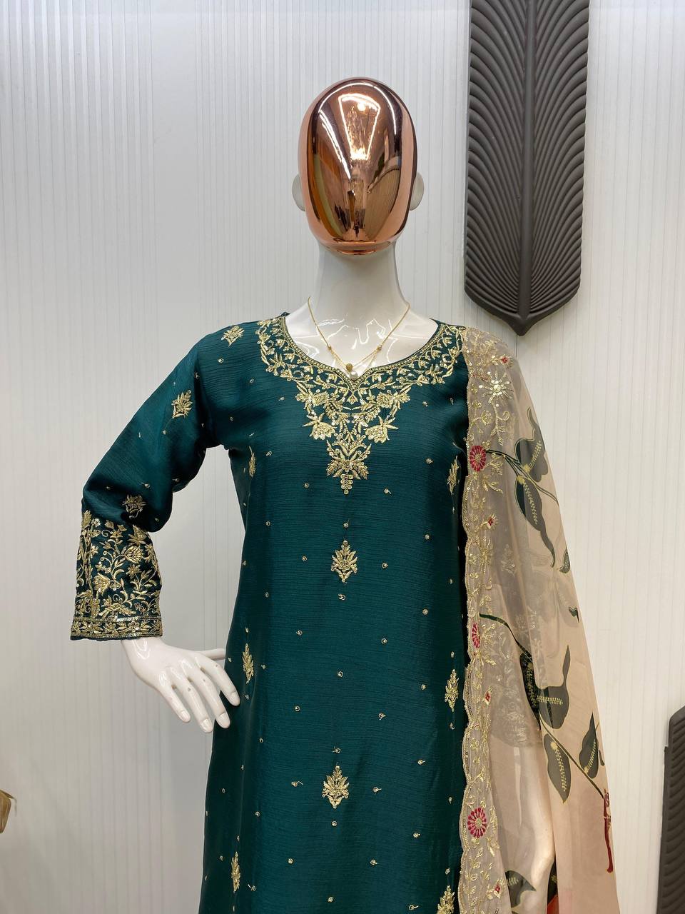 Reception Wear Green Color Chinon With Sequence Embroidery Work Sharara Suit