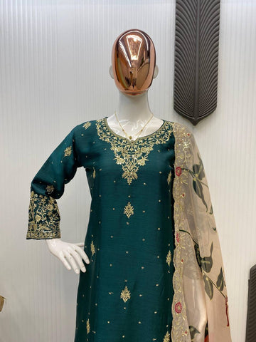 Reception Wear Green Color Chinon With Sequence Embroidery Work Sharara Suit