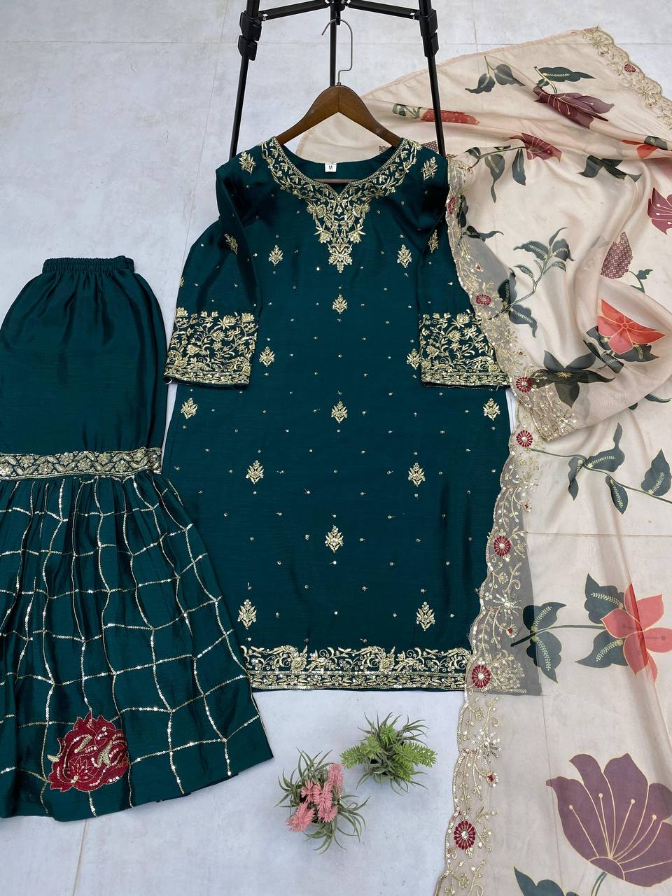 Reception Wear Green Color Chinon With Sequence Embroidery Work Sharara Suit