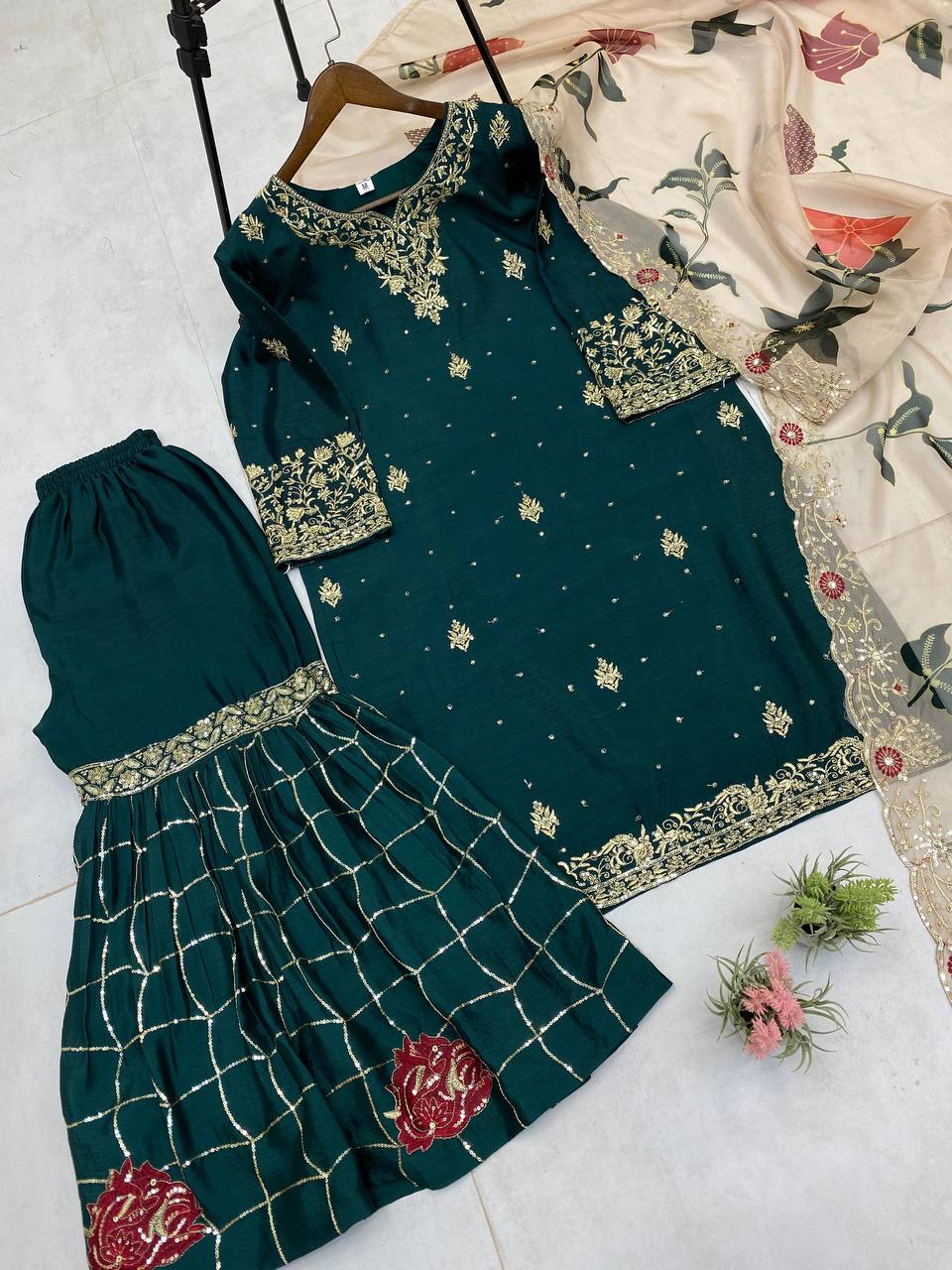 Reception Wear Green Color Chinon With Sequence Embroidery Work Sharara Suit