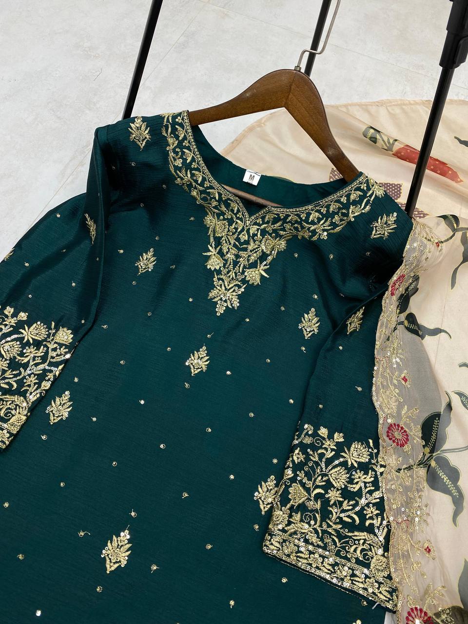 Reception Wear Green Color Chinon With Sequence Embroidery Work Sharara Suit