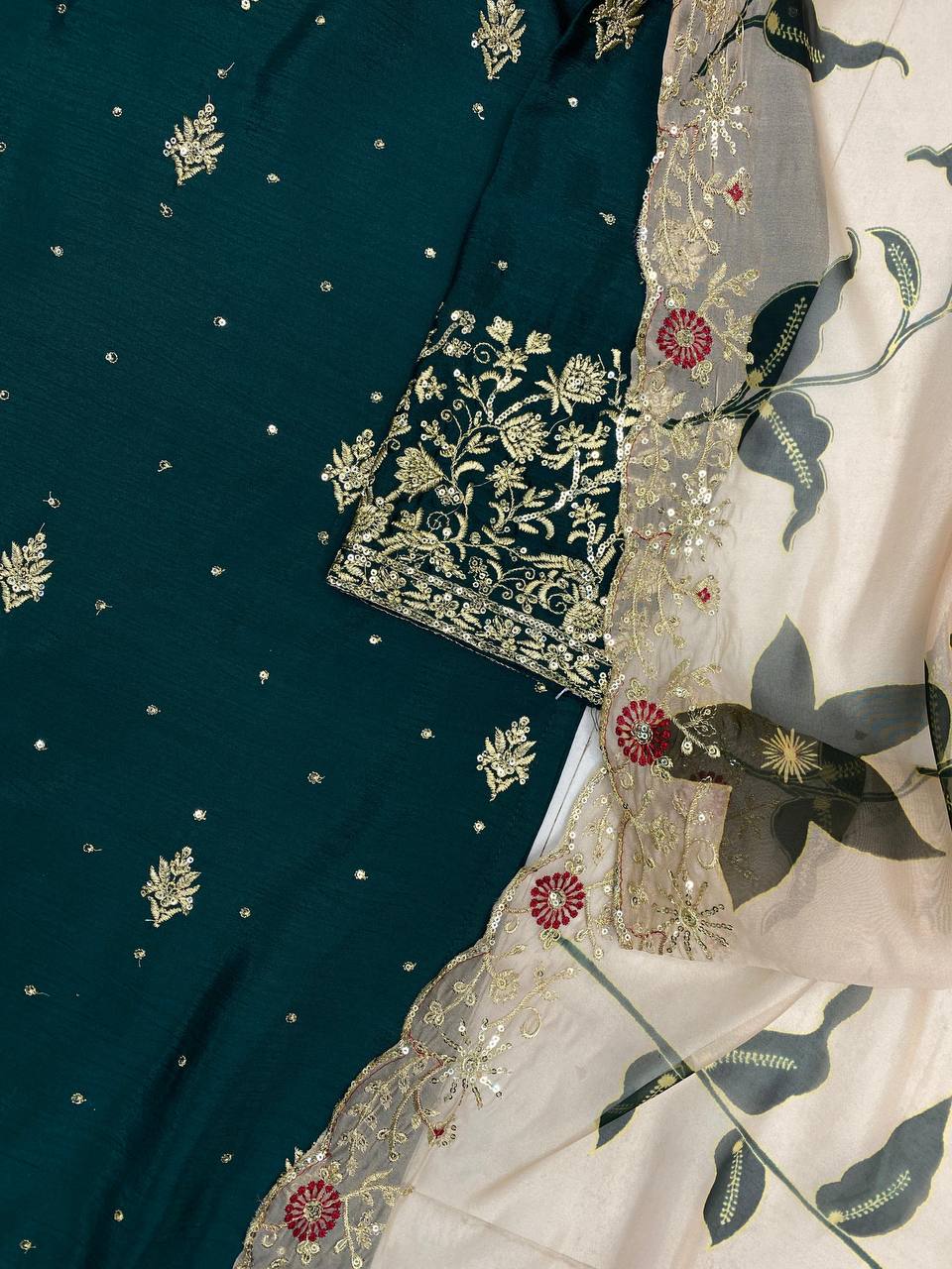 Reception Wear Green Color Chinon With Sequence Embroidery Work Sharara Suit