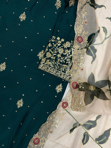 Reception Wear Green Color Chinon With Sequence Embroidery Work Sharara Suit