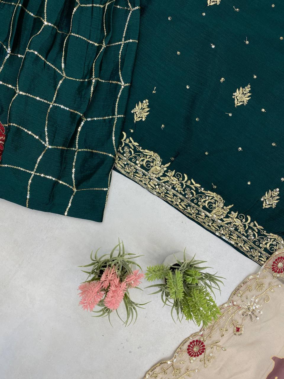 Reception Wear Green Color Chinon With Sequence Embroidery Work Sharara Suit