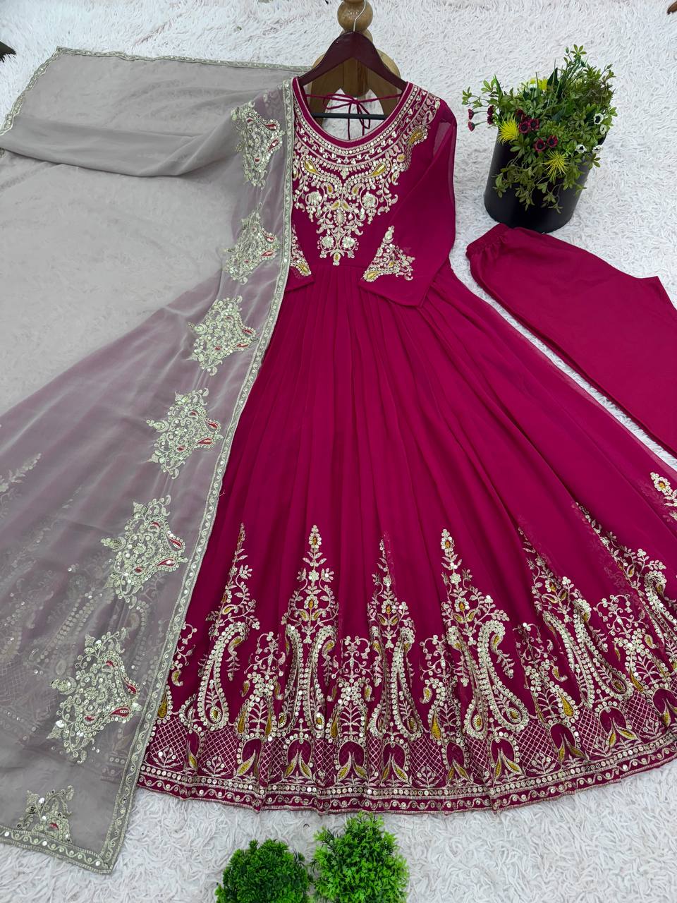 Casual Wear Marron Color Georgette With Multi Thread Embroidery Sequence Work Designer Gown