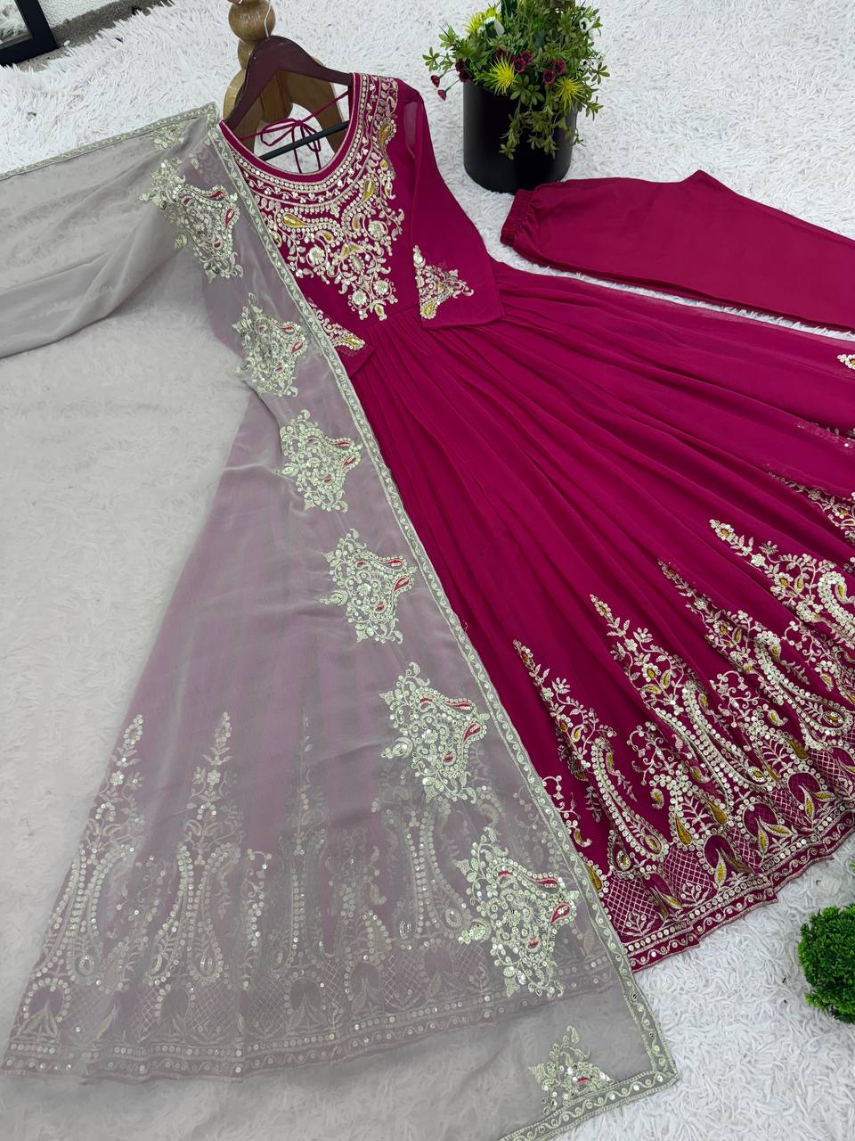 Casual Wear Marron Color Georgette With Multi Thread Embroidery Sequence Work Designer Gown