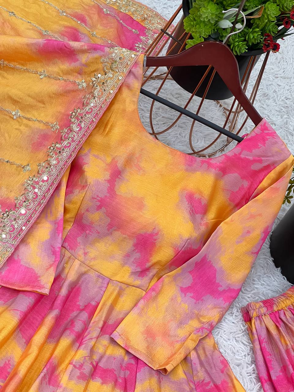 Celebrity Style Orange Color Vichitra Silk With Beautiful Digital Print Work Anarkali Palazzo suit