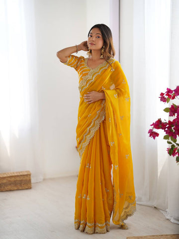Luxuriant Yellow Color Jimmy Chu And Thread With Sequence Work Saree