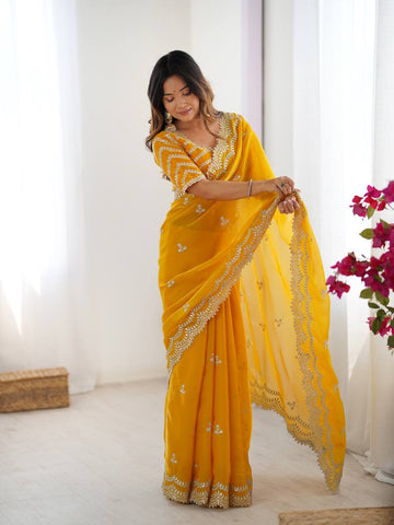 Luxuriant Yellow Color Jimmy Chu And Thread With Sequence Work Saree