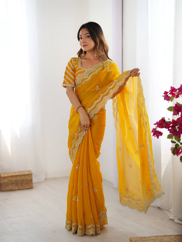 Luxuriant Yellow Color Jimmy Chu And Thread With Sequence Work Saree