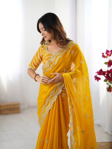 Luxuriant Yellow Color Jimmy Chu And Thread With Sequence Work Saree
