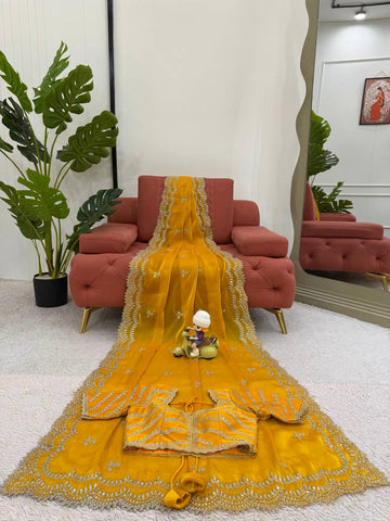 Luxuriant Yellow Color Jimmy Chu And Thread With Sequence Work Saree