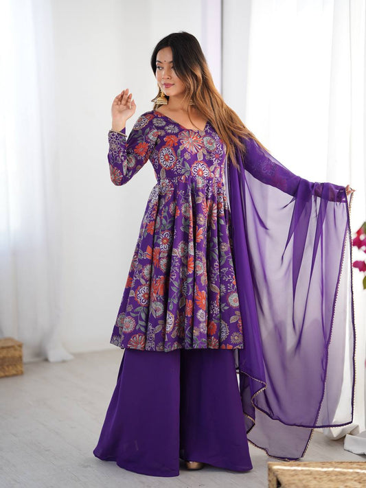 Dazzling Blue Color Heavy Pure Soft Roman Silk Chanderi Designer Palazzo Suit