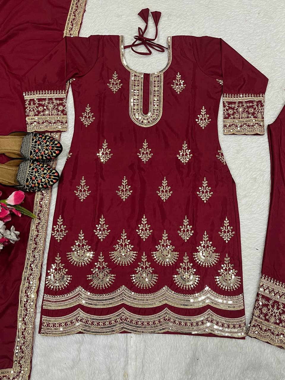 Gorgeous Maroon Color Natural Crepe Silk With Embroidery Coding Sequence Work Salwar Suit