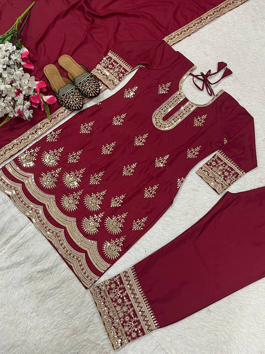 Gorgeous Maroon Color Natural Crepe Silk With Embroidery Coding Sequence Work Salwar Suit