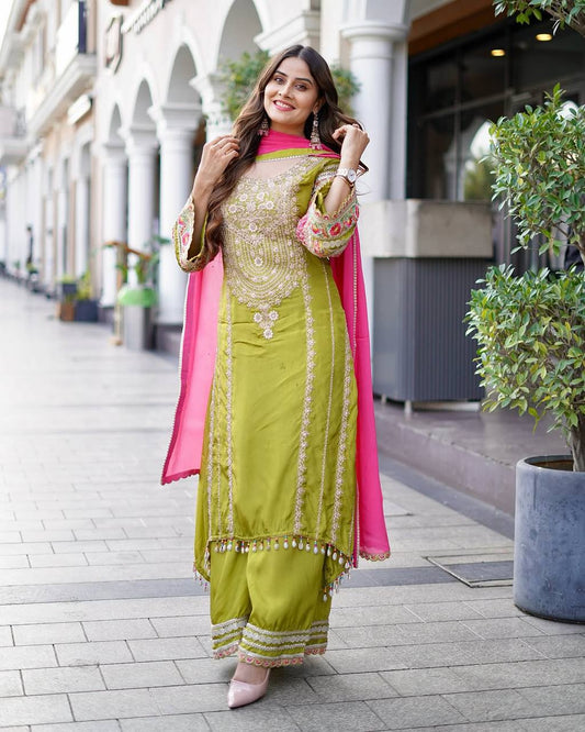 Ravishing Green Color Heavy Vichitra Silk Embroidery Sequences With Real Mirror Work Palazzo Suit