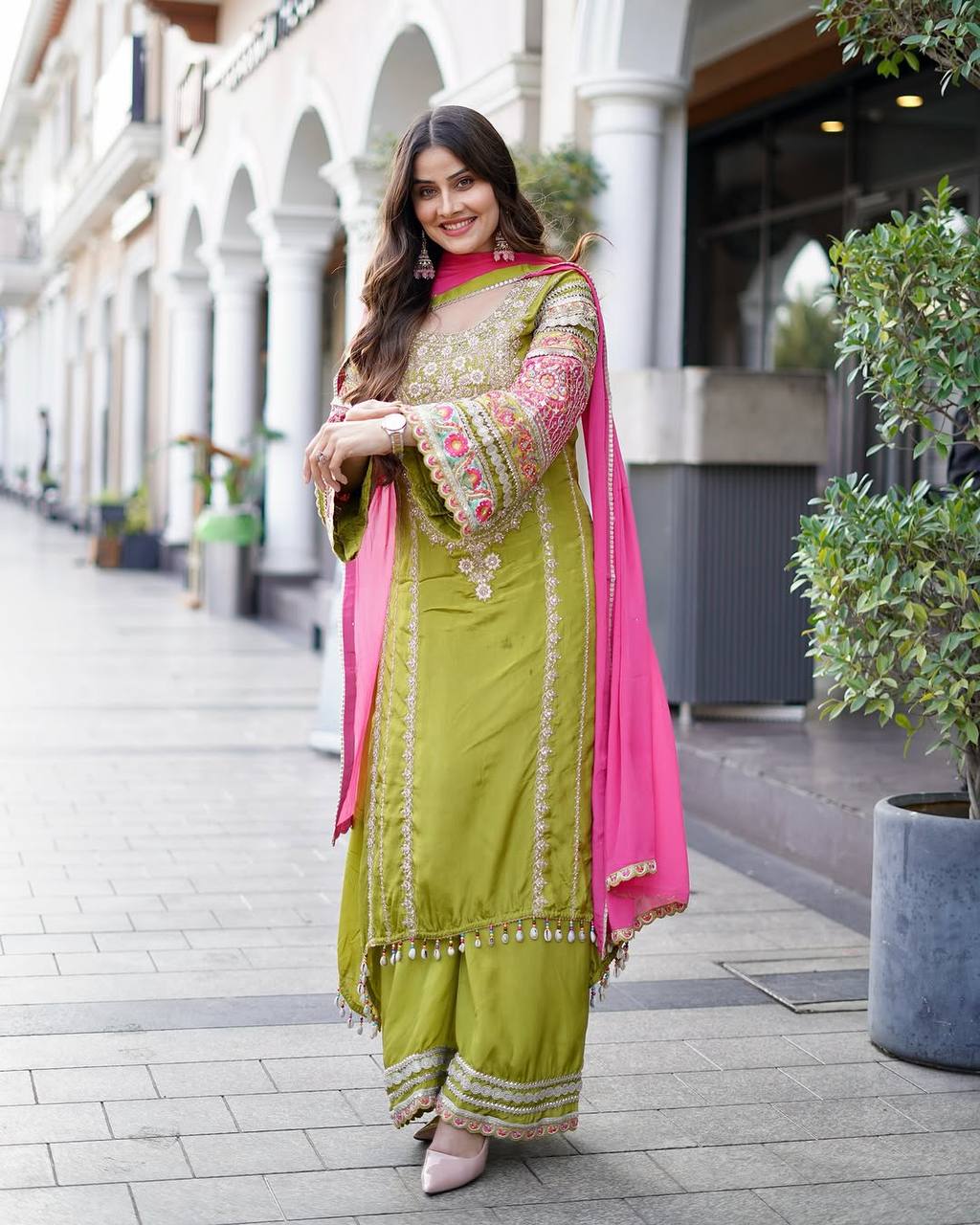 Ravishing Green Color Heavy Vichitra Silk Embroidery Sequences With Real Mirror Work Palazzo Suit