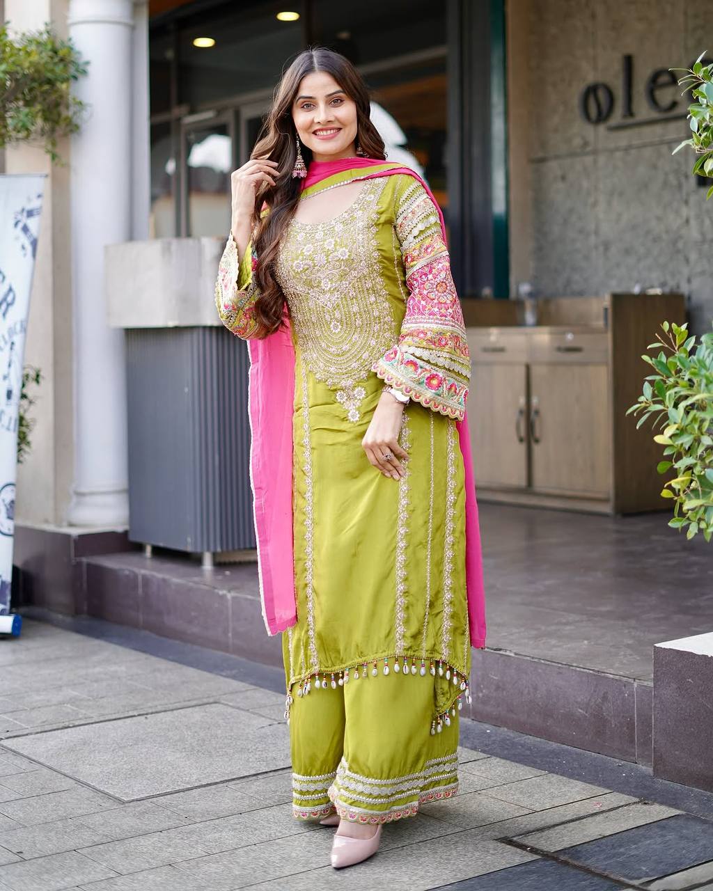 Ravishing Green Color Heavy Vichitra Silk Embroidery Sequences With Real Mirror Work Palazzo Suit