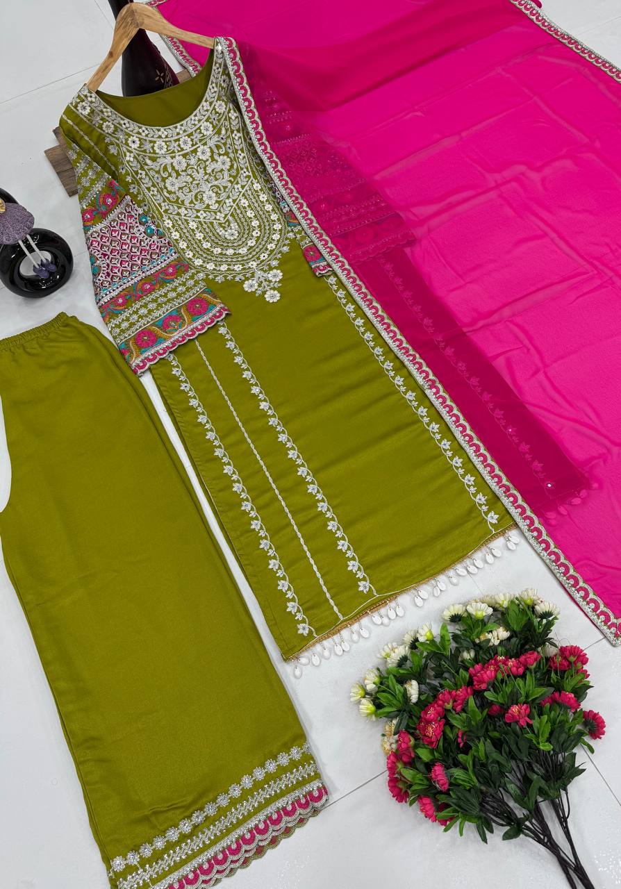Ravishing Green Color Heavy Vichitra Silk Embroidery Sequences With Real Mirror Work Palazzo Suit