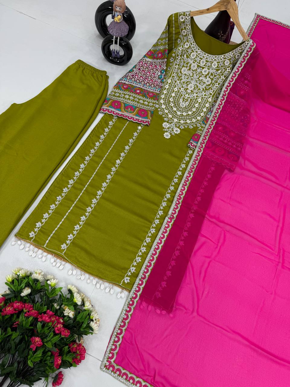 Ravishing Green Color Heavy Vichitra Silk Embroidery Sequences With Real Mirror Work Palazzo Suit