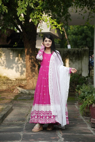 Stunning Pink Color Faux Blooming With Heavy Sequins And Thread Embroidered Work Gown
