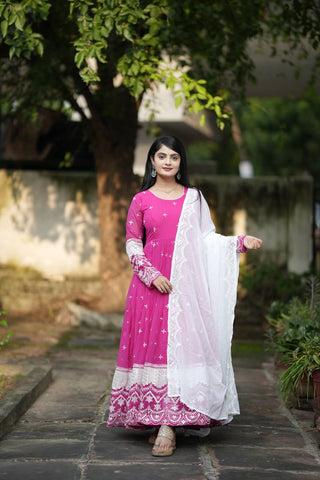 Stunning Pink Color Faux Blooming With Heavy Sequins And Thread Embroidered Work Gown