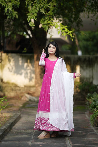 Stunning Pink Color Faux Blooming With Heavy Sequins And Thread Embroidered Work Gown