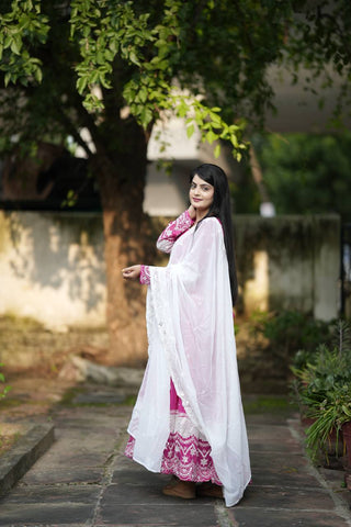 Stunning Pink Color Faux Blooming With Heavy Sequins And Thread Embroidered Work Gown