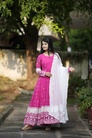 Stunning Pink Color Faux Blooming With Heavy Sequins And Thread Embroidered Work Gown