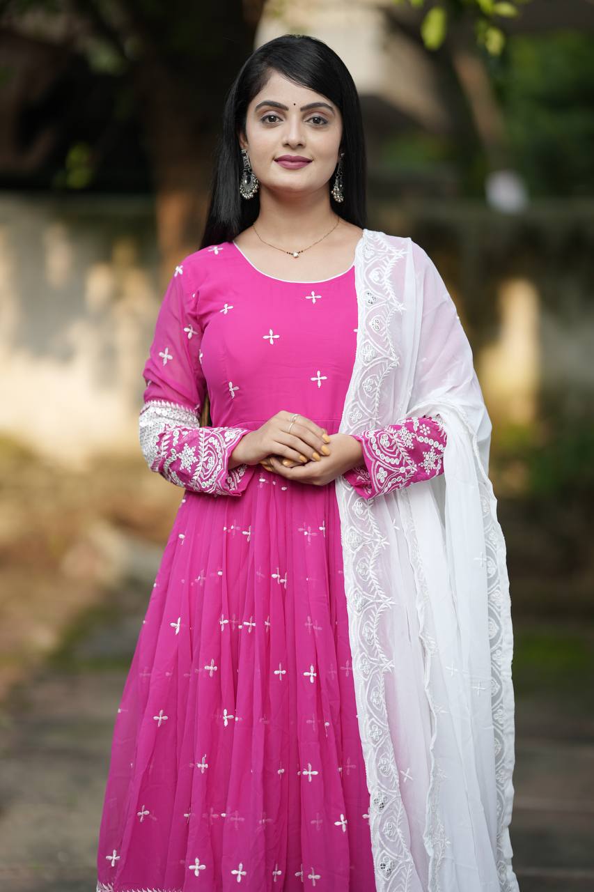 Stunning Pink Color Faux Blooming With Heavy Sequins And Thread Embroidered Work Gown