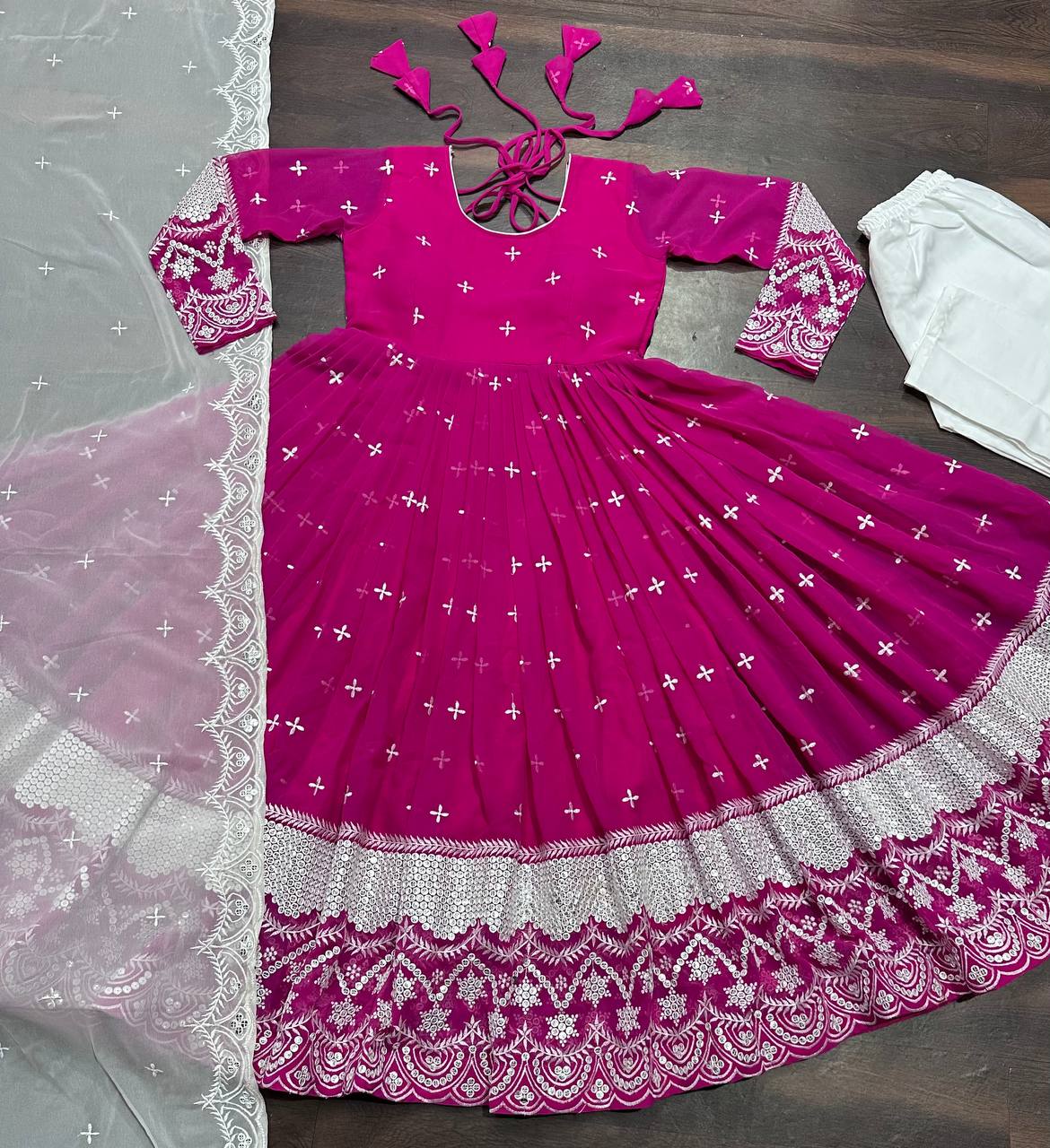 Stunning Pink Color Faux Blooming With Heavy Sequins And Thread Embroidered Work Gown