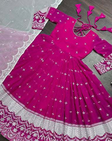 Stunning Pink Color Faux Blooming With Heavy Sequins And Thread Embroidered Work Gown