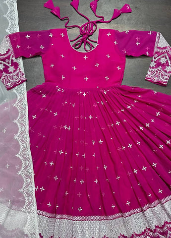 Stunning Pink Color Faux Blooming With Heavy Sequins And Thread Embroidered Work Gown