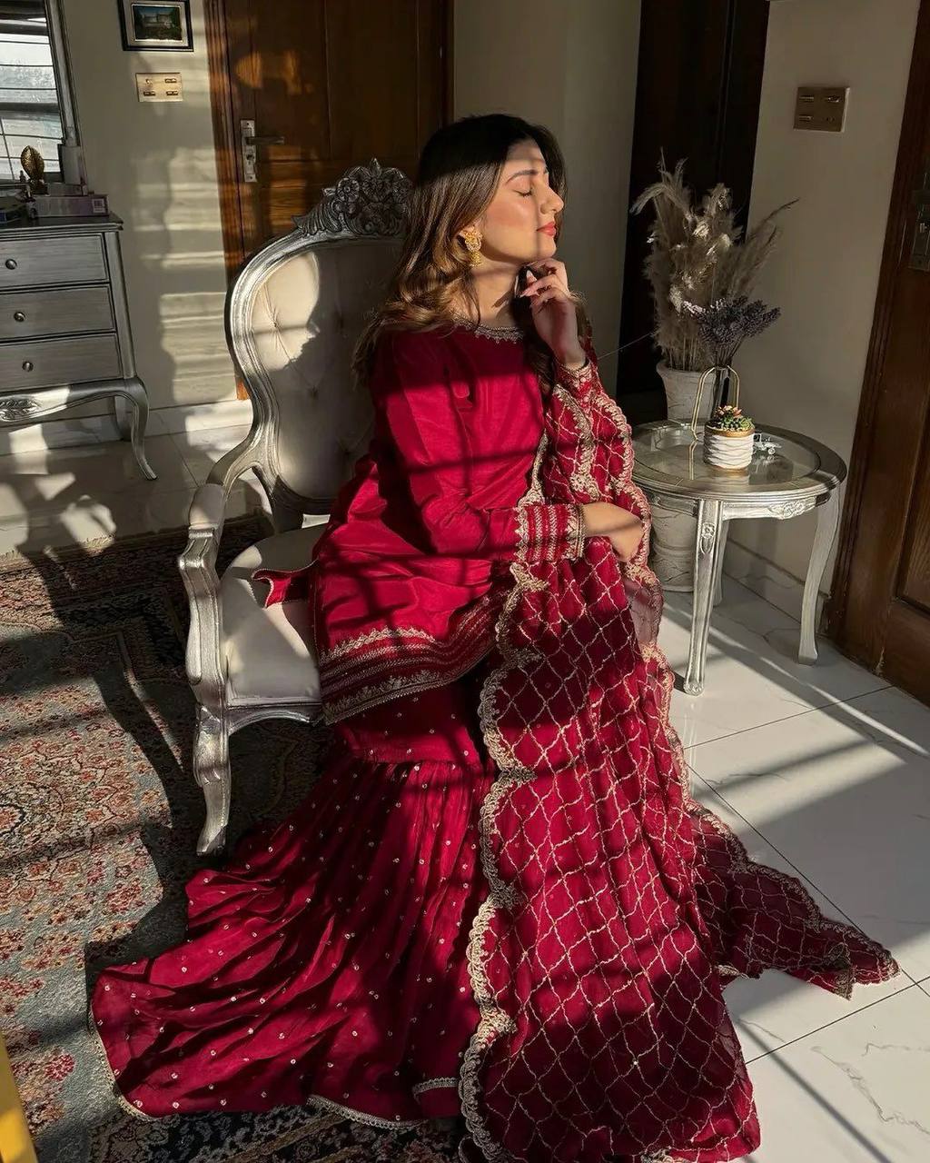 Engagement Wear Maroon Color Heavy Faux Georgette With 5mm Embroidery Sequence Work Sharara Suit