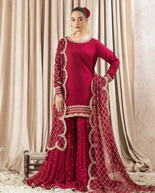 Engagement Wear Maroon Color Heavy Faux Georgette With 5mm Embroidery Sequence Work Sharara Suit