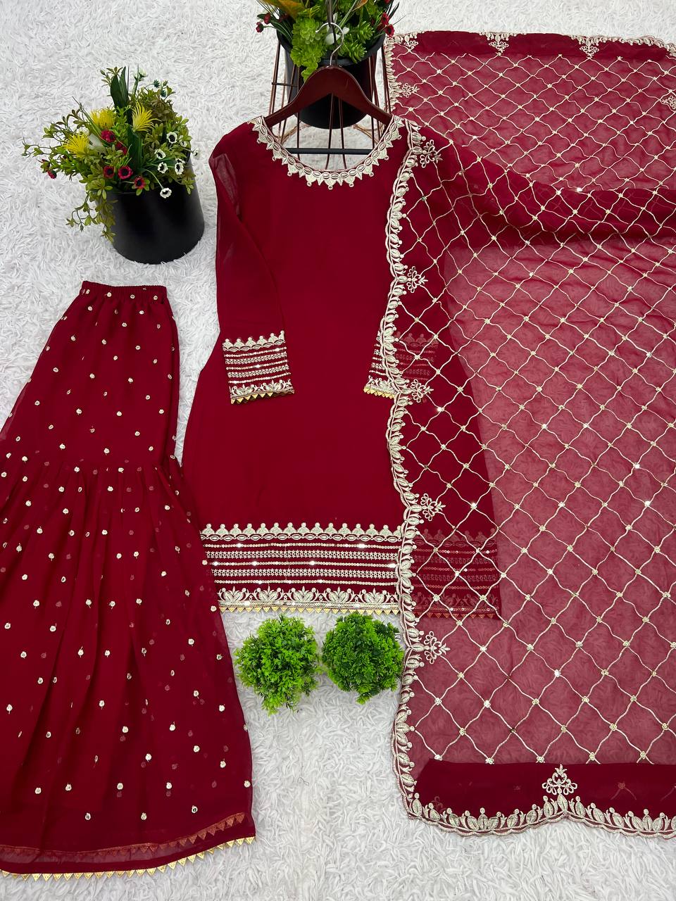 Engagement Wear Maroon Color Heavy Faux Georgette With 5mm Embroidery Sequence Work Sharara Suit